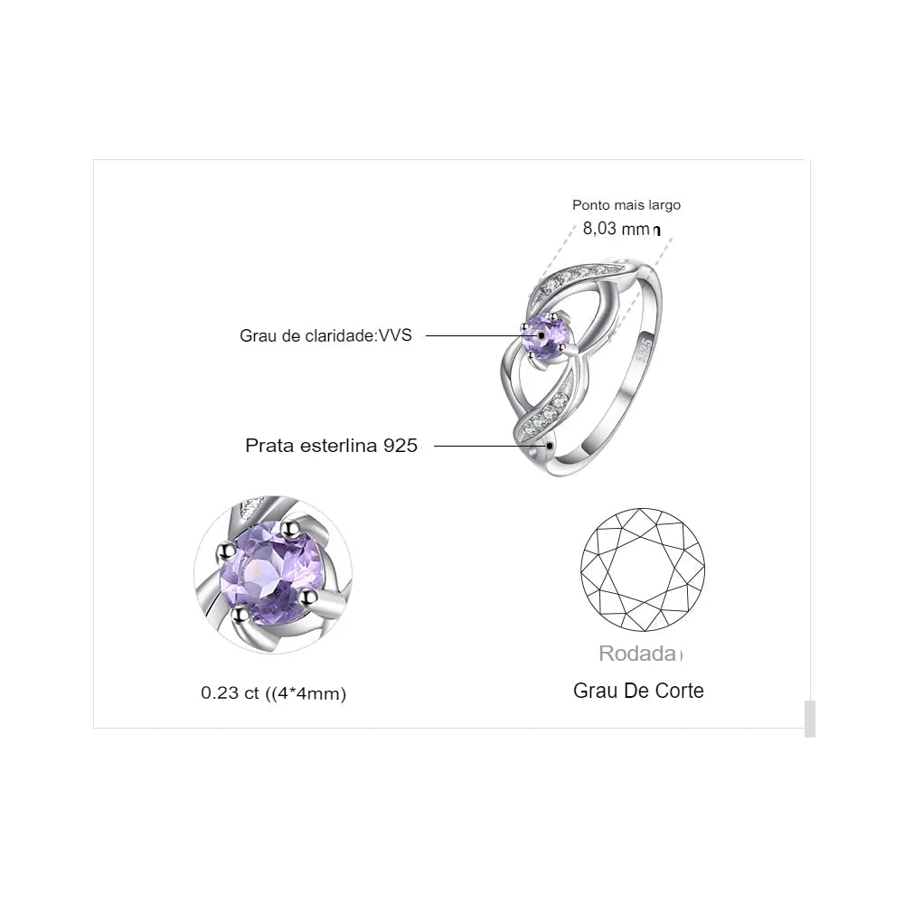 Anel Prata 925 Ametista Romântica